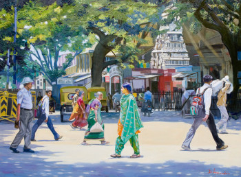 Œuvre contemporaine nommée « Scène de rue en Indes 2 », Réalisée par DOMINIQUE AMENDOLA