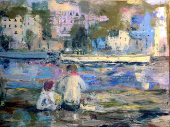 Œuvre contemporaine nommée « Péniches sur la Seine », Réalisée par GUILLOU