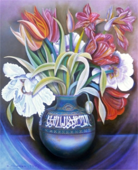 Œuvre contemporaine nommée « Les tulipes au vase calligraphié N° 129MP », Réalisée par ABERNARDO