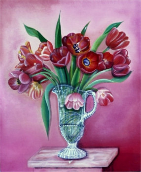 Œuvre contemporaine nommée « Les tulipes rouges au vase de cristal N°124 », Réalisée par ABERNARDO