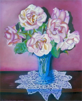 Œuvre contemporaine nommée « Les roses au vase de cristal N° 127 », Réalisée par ABERNARDO