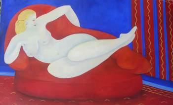 Œuvre contemporaine nommée « nu blanc sur banquette rouge », Réalisée par FRANçOISE COEURET