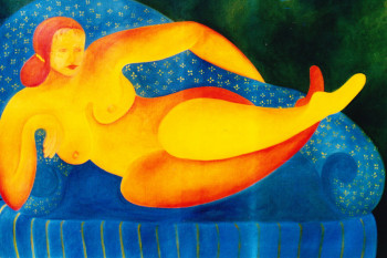 Œuvre contemporaine nommée « nu orange sur banquette bleu », Réalisée par FRANçOISE COEURET