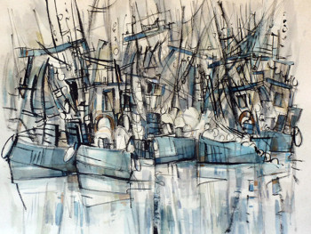 Œuvre contemporaine nommée « la pêche en bleu », Réalisée par MARIE-HéLèNE PUGET