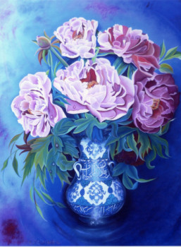 Œuvre contemporaine nommée « Le vase bleu calligraphié au paéonias(Médaille d'or : Art Inter International  Dijon  2007) », Réalisée par ABERNARDO