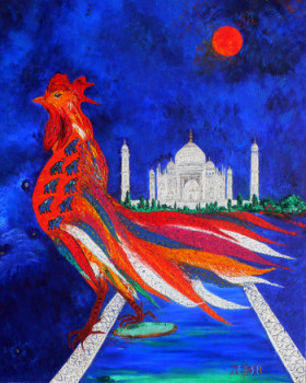 Œuvre contemporaine nommée « LE COQ RÊVE DU TAJ MAHAL », Réalisée par MARIE-FRANCE BUSSET