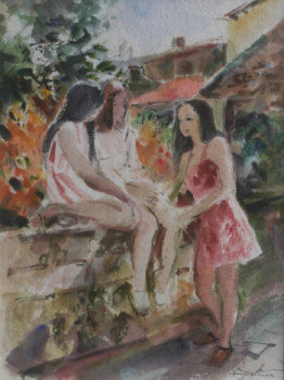 Œuvre contemporaine nommée « 02605 - Trois jeunes filles sur le mur », Réalisée par HENRY SIMON