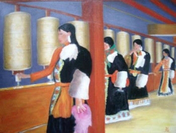 Œuvre contemporaine nommée « Tibétaines aux moulins à prières », Réalisée par CBC