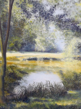Œuvre contemporaine nommée « Magie de l'étang en été », Réalisée par JEANNINE LIBON