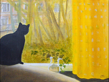Œuvre contemporaine nommée « Le chat Chloé à la fenêtre », Réalisée par JEANNINE LIBON