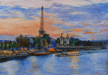 Œuvre contemporaine nommée « Paris, La Seine et La tour Eiffel, nocturne », Réalisée par JEAN-LUC CELCE