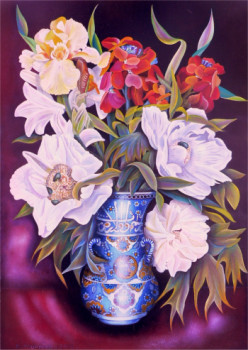 Œuvre contemporaine nommée « Les paéonias blanches au vase d'IZNIK calligraphié », Réalisée par ABERNARDO