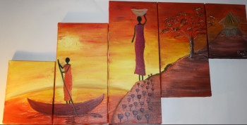 Œuvre contemporaine nommée « coucher de soleil africain sur 5 toiles », Réalisée par EMILIE LONGUET