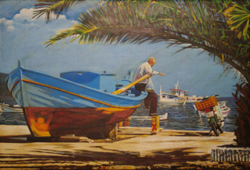 Œuvre contemporaine nommée « Port de Naoussa à Paros », Réalisée par POUCHOUS