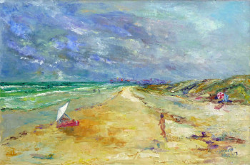 Œuvre contemporaine nommée « La plage à Tréguennec : parasol rouge », Réalisée par MICHEL HAMELIN