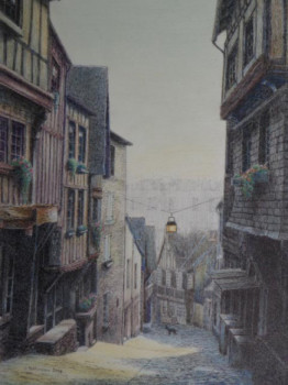 Œuvre contemporaine nommée « Rue moyenâgeuse et un chien dinannais », Réalisée par JACQUES TAFFOREAU