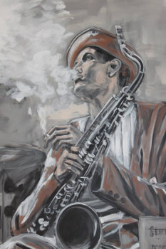 Œuvre contemporaine nommée « Saxophoniste peint sur toile », Réalisée par THIERRY HERR - ARTISTE PEINTRE DECORATEUR