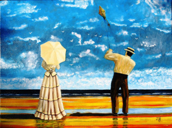 Œuvre contemporaine nommée « Ombrelle et cerf-volant / Sun umbrella and kite / Ombrellino ed aquilone », Réalisée par JEAN-FRANçOIS ZANETTE