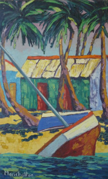 Œuvre contemporaine nommée « Case de pêcheur et cocotiers », Réalisée par MARICHALTON