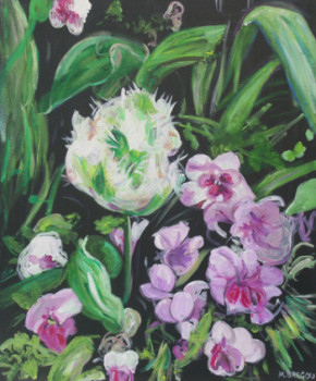 Œuvre contemporaine nommée « fleurs blanches et violettes », Réalisée par MIREILLE BREGOU