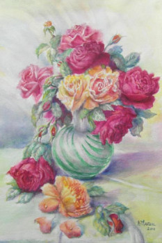 Œuvre contemporaine nommée « Roses au vase vert », Réalisée par AMALIA MEREU