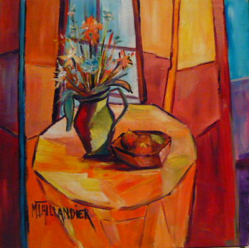 Œuvre contemporaine nommée « La table jaune et le bouquet », Réalisée par MONIQUE TAILLANDIER WALLON