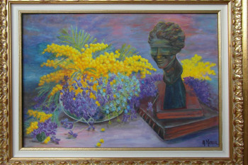 Œuvre contemporaine nommée « mimosas ,violettes, petites fleurs sauvages, livres et Fortuna », Réalisée par AMALIA MEREU