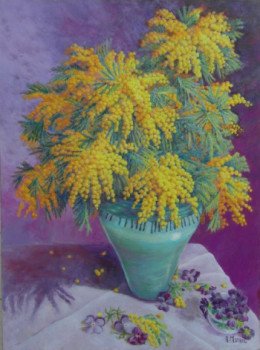 Œuvre contemporaine nommée « Branches de mimosas dans pot vert », Réalisée par AMALIA MEREU
