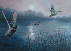 Œuvre contemporaine nommée « Canards sur l'étang  », Réalisée par MAXENCE GERARD