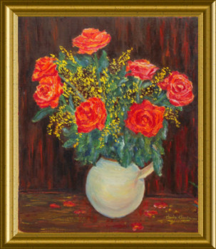 Œuvre contemporaine nommée « Roses et mimosa   46x33 huile sur toile », Réalisée par ARTOIS