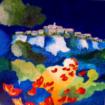 Œuvre contemporaine nommée « Village provençal sur les rochers et envol de papillons », Réalisée par PATRICIA DELEY