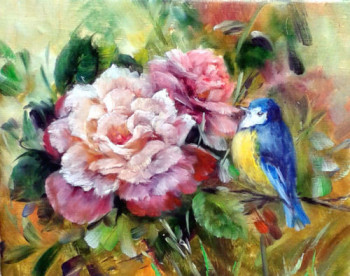 Œuvre contemporaine nommée « Les roses et l'oiseau », Réalisée par CHRISPAINT FLOWERS