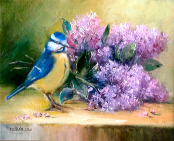 Œuvre contemporaine nommée « Mésange et lilas », Réalisée par CHRISPAINT FLOWERS