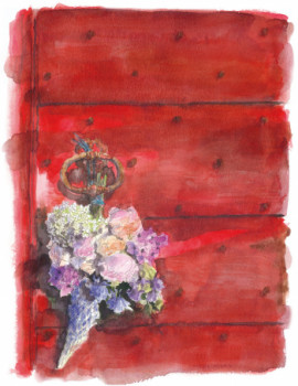 Œuvre contemporaine nommée « Le bouquet sur la porte rouge », Réalisée par NATHALIE MAGROU