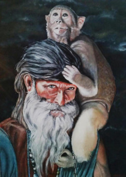 Œuvre contemporaine nommée « sadhu et son singe », Réalisée par STéPHANE CHRETIEN