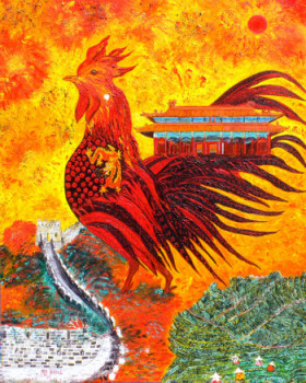 Œuvre contemporaine nommée « VOYAGE DU COQ EN CHINE SOUS UN FEU D'ARTIFICE », Réalisée par MARIE-FRANCE BUSSET