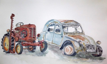 Œuvre contemporaine nommée « tracteur et 2CV », Réalisée par BARTLET-DROUZY