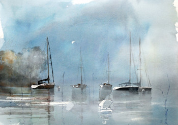 Œuvre contemporaine nommée « Brume sur Irus (Golfe du Morbihan) », Réalisée par HENRI DUROSELLE