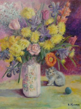 Œuvre contemporaine nommée « Poussinette et bouquet de fleurs du jour de l'an », Réalisée par AMALIA MEREU