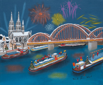 Œuvre contemporaine nommée « Cologne, sa cathédrale, ses péniches », Réalisée par YOLANDE SALMON-DUVAL