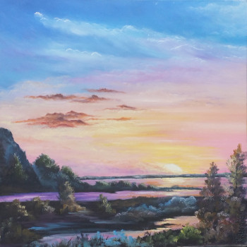 Œuvre contemporaine nommée « Coucher de soleil sur les étangs », Réalisée par KRYSTEL