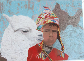 Œuvre contemporaine nommée « lama avec enfant péruvien », Réalisée par MICHELLE JACQUIN