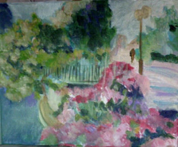 Œuvre contemporaine nommée « lac et fleurs roses », Réalisée par MIREILLE BREGOU