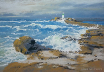 Œuvre contemporaine nommée « Mer agitée au pied du phare », Réalisée par JEAN-YVES MARREC