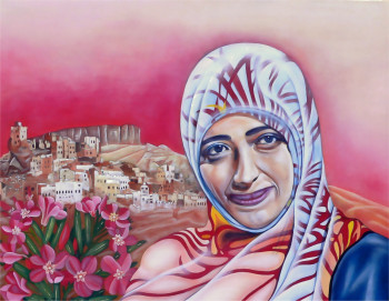 Œuvre contemporaine nommée « Des lauriers roses pour TAWAKKOL KARMAN (Yemen) Prix Nobel de la paix en 2011 », Réalisée par ABERNARDO