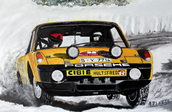 Œuvre contemporaine nommée « Monte Carlo 1971- PORSCHE 914-6- BJON WALDEGAARD- HANS THORSZELIUS », Réalisée par ALAIN PINEDE