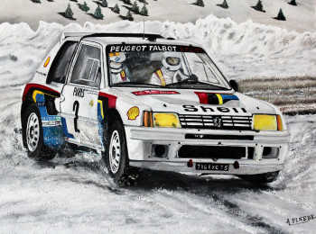 Œuvre contemporaine nommée « Monte Carlo 1985- PEUGEOT 205 T 16- ARI VATANEN- TERRY HARRYMAN », Réalisée par ALAIN PINEDE