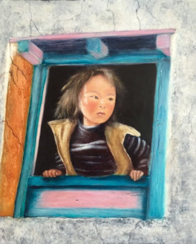 Œuvre contemporaine nommée « Enfant népalais à la fenêtre  », Réalisée par NELLY COUGARD