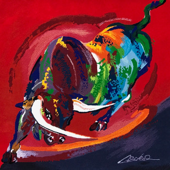 Œuvre contemporaine nommée « Colored Bull - tapisserie - limitée mondlale 8/8 », Réalisée par ALFRED GOCKEL / ARTMATTERS