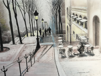 Œuvre contemporaine nommée « LA RUE FOYATIER ET SA BUVETTE SOUS LA NEIGE », Réalisée par JACQUES TAFFOREAU